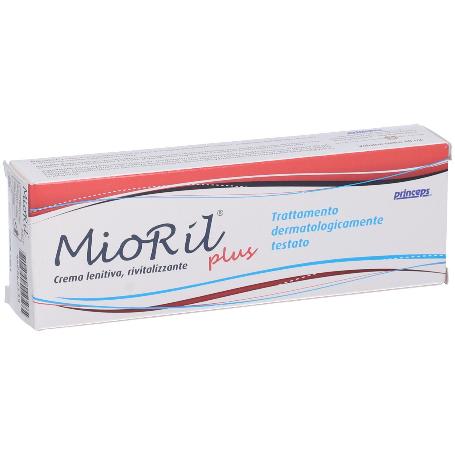 Scatola Mioril plus. Testo: Crema lenitiva, rivitalizzante, Trattamento dermatologicamente testato. Marchio Prinseps.