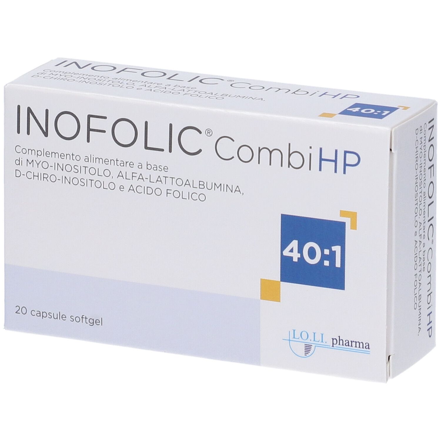 Scatola bianca con nome del prodotto e ingredienti. Scritta '40:1'. 20 capsule softgel.