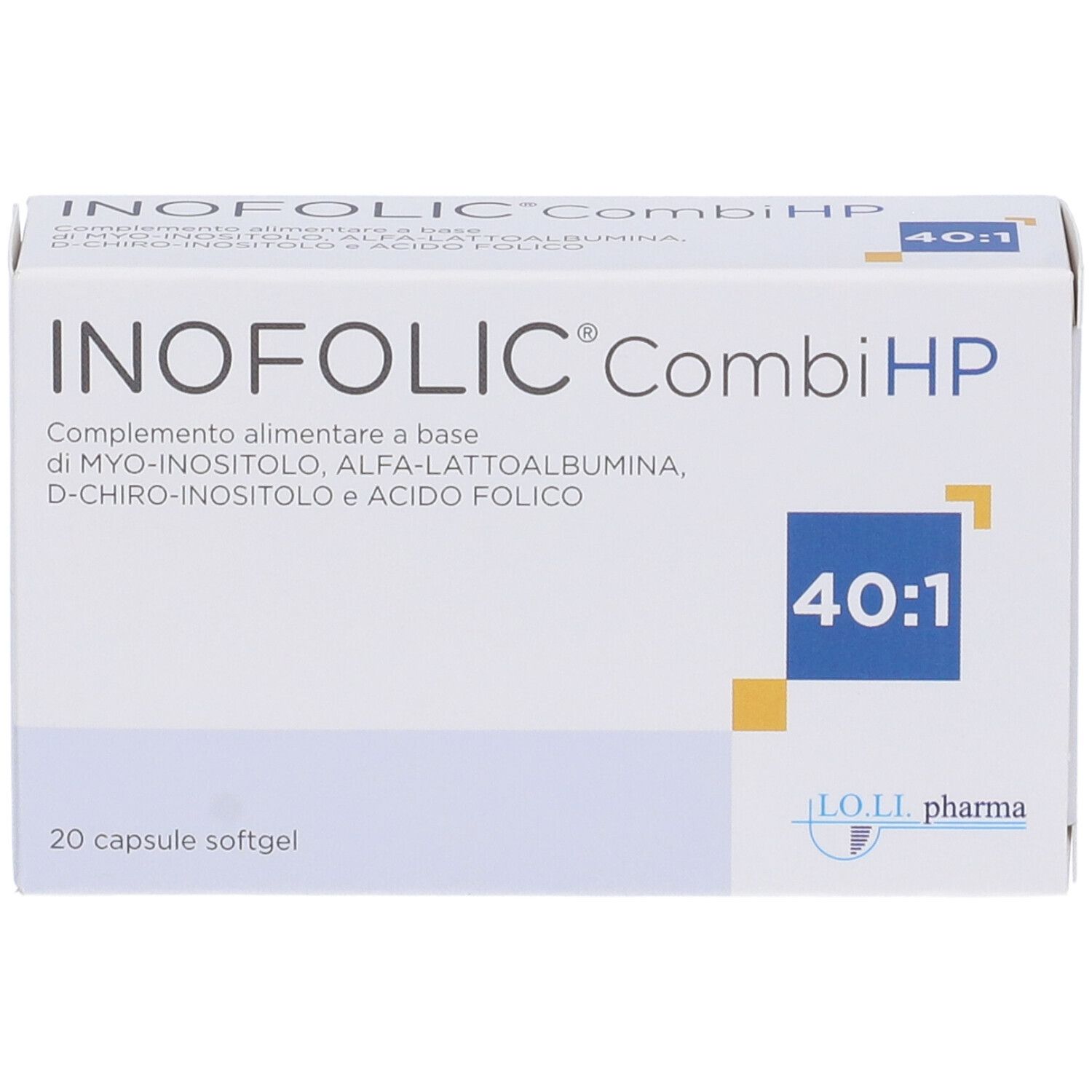 Confezione con nome del prodotto e ingredienti. Scritta '40:1'. 20 capsule softgel.