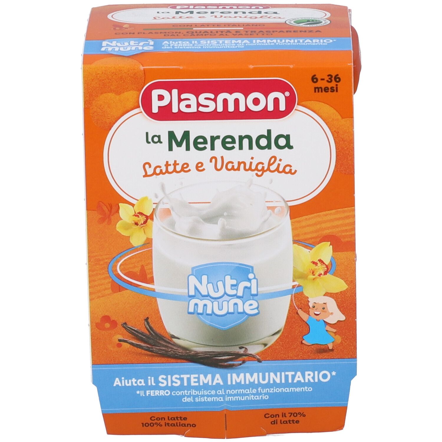 Confezione Plasmon La Merenda Latte e Vaniglia, gusto latte e vaniglia.