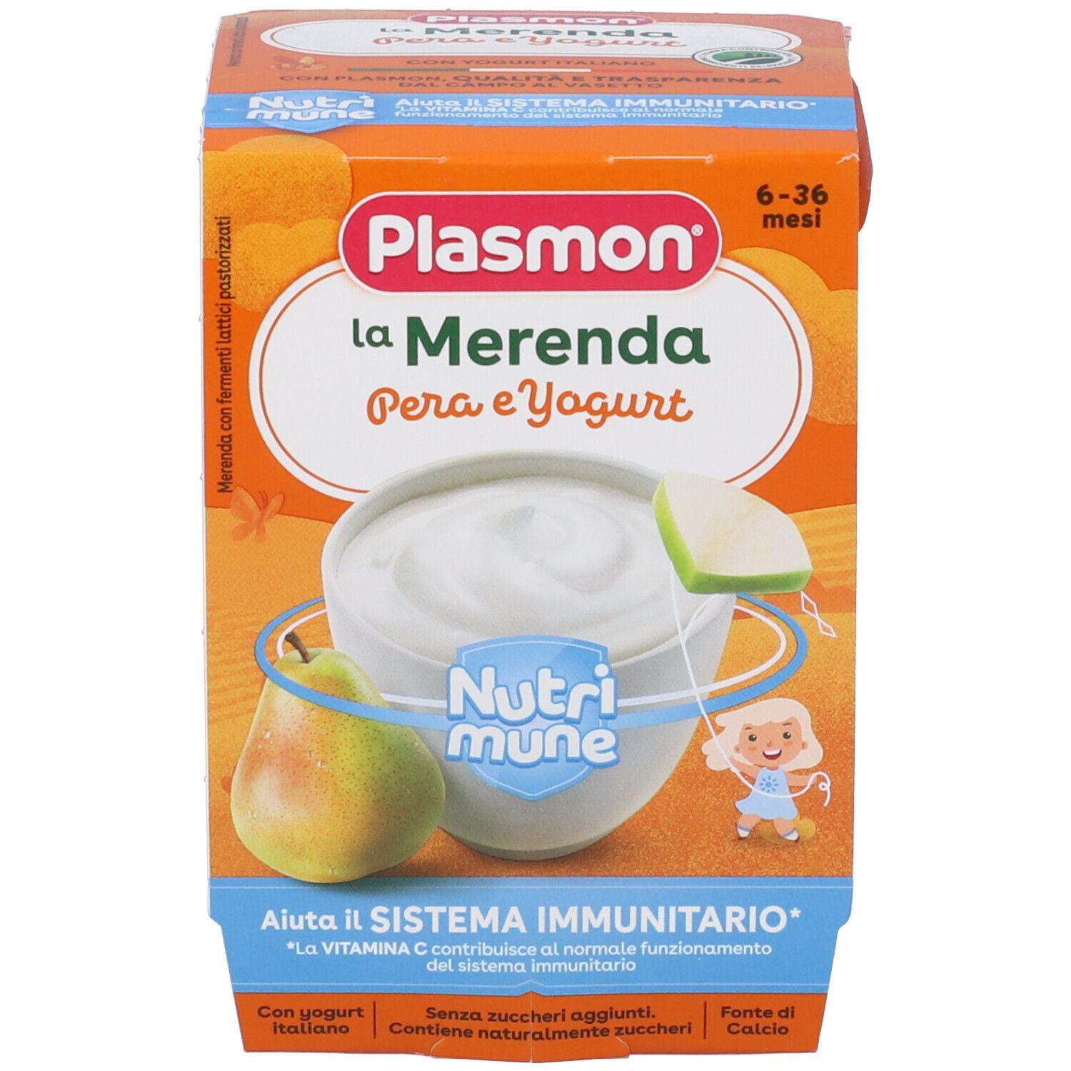 Plasmon La Merenda Pera e Yogurt confezione con illustrazioni di frutta e un bambino.