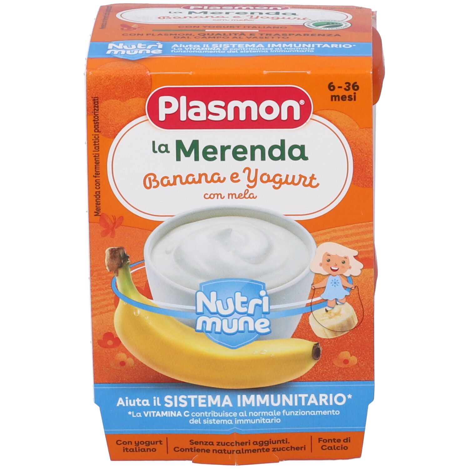 Confezione Plasmon La Merenda Banana e Yogurt con mela. Contiene una ciotola di yogurt, banana e mela.