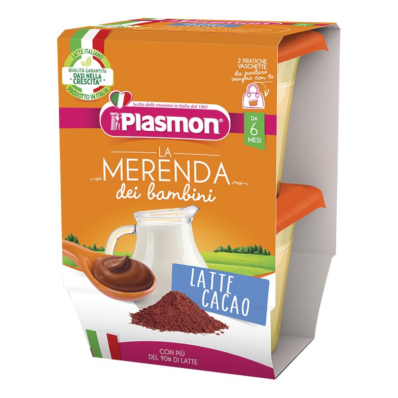 Confezione con due vaschette Plasmon La Merenda Dei Bambini Latte Cacao. Confezione arancione con immagine del prodotto.