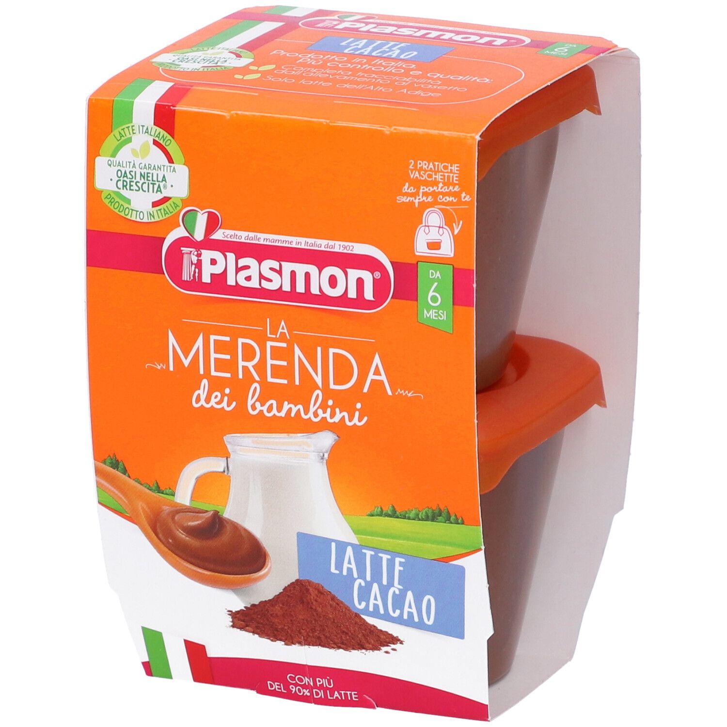 Confezione con due vaschette Plasmon La Merenda Dei Bambini Latte Cacao. Confezione arancione con immagine del prodotto.