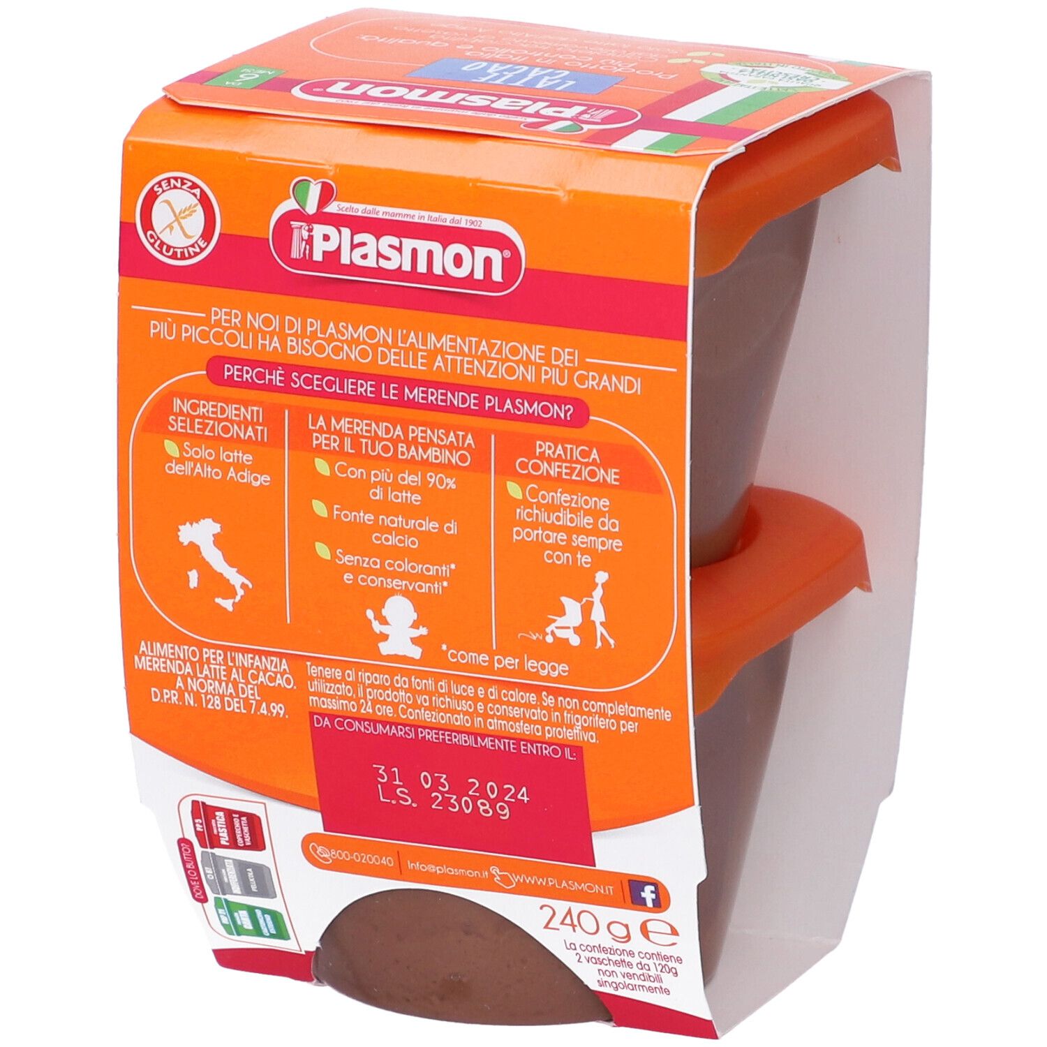 Retro della confezione con due vaschette Plasmon La Merenda Dei Bambini Latte Cacao. Testo e informazioni sul prodotto.