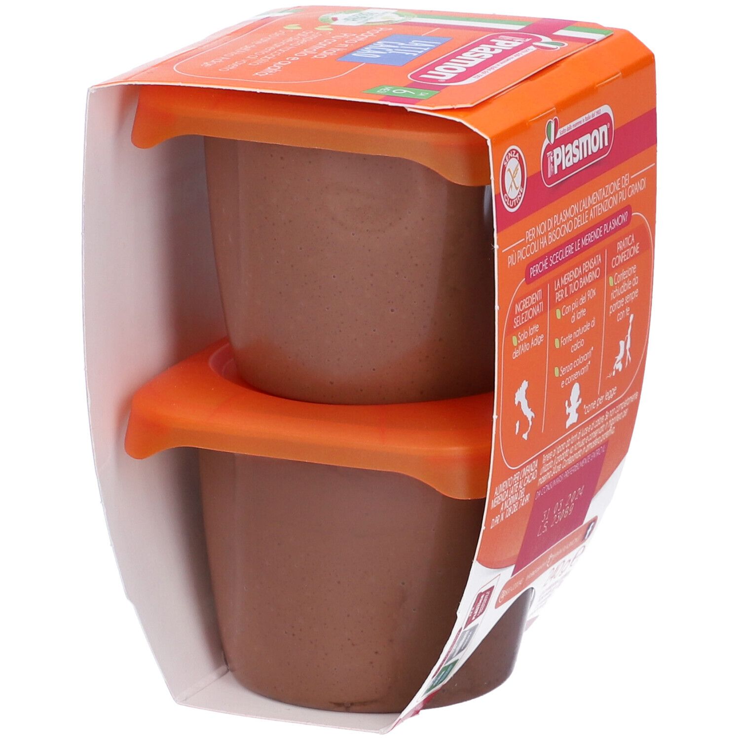Due vaschette Plasmon La Merenda Dei Bambini Latte Cacao in una confezione. Coperchi arancioni.