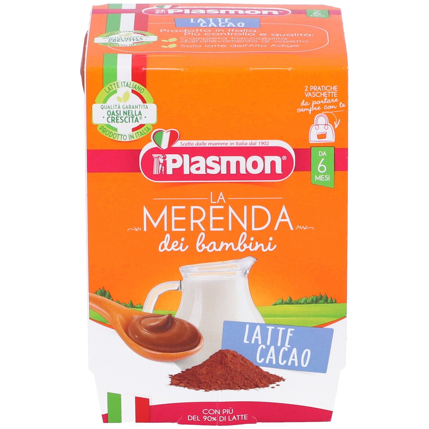Confezione con due vaschette Plasmon La Merenda Dei Bambini Latte Cacao. Confezione arancione con immagine del prodotto.