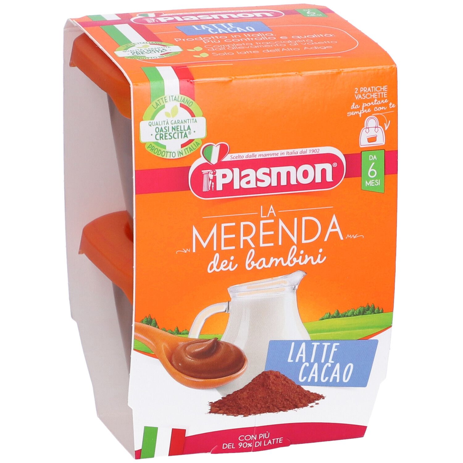 Confezione con due vaschette Plasmon La Merenda Dei Bambini Latte Cacao. Confezione arancione con immagine del prodotto.