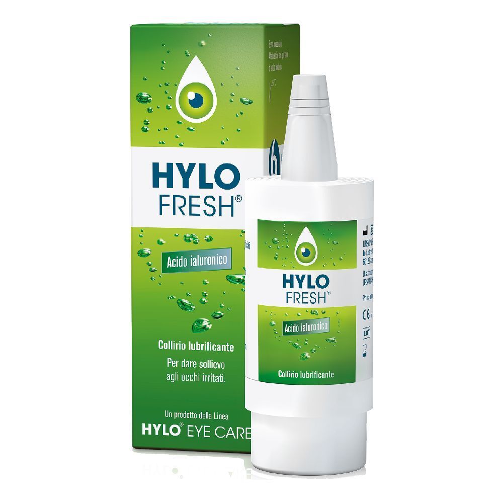 Confezione e flacone verdi con la scritta "HYLO FRESH". Contiene acido ialuronico. Prodotto del marchio HYLO EYE CARE.