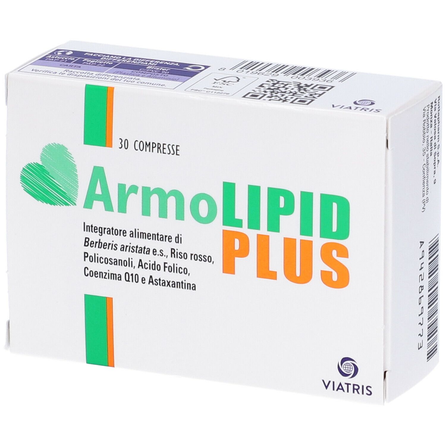 Schachtel mit ArmoLIPID PLUS Tabletten. Logo, Text und 30 Tabletten.