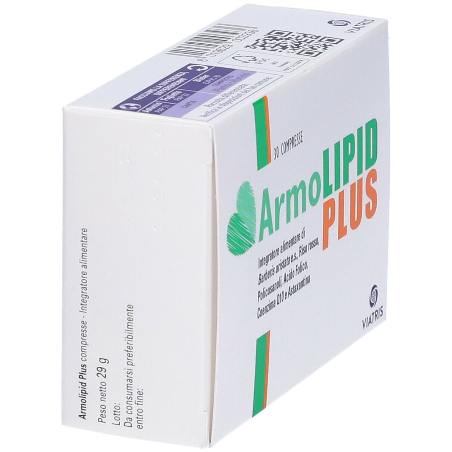 Schachtel mit ArmoLIPID PLUS Tabletten. Seitenansicht mit Text und Gewicht.