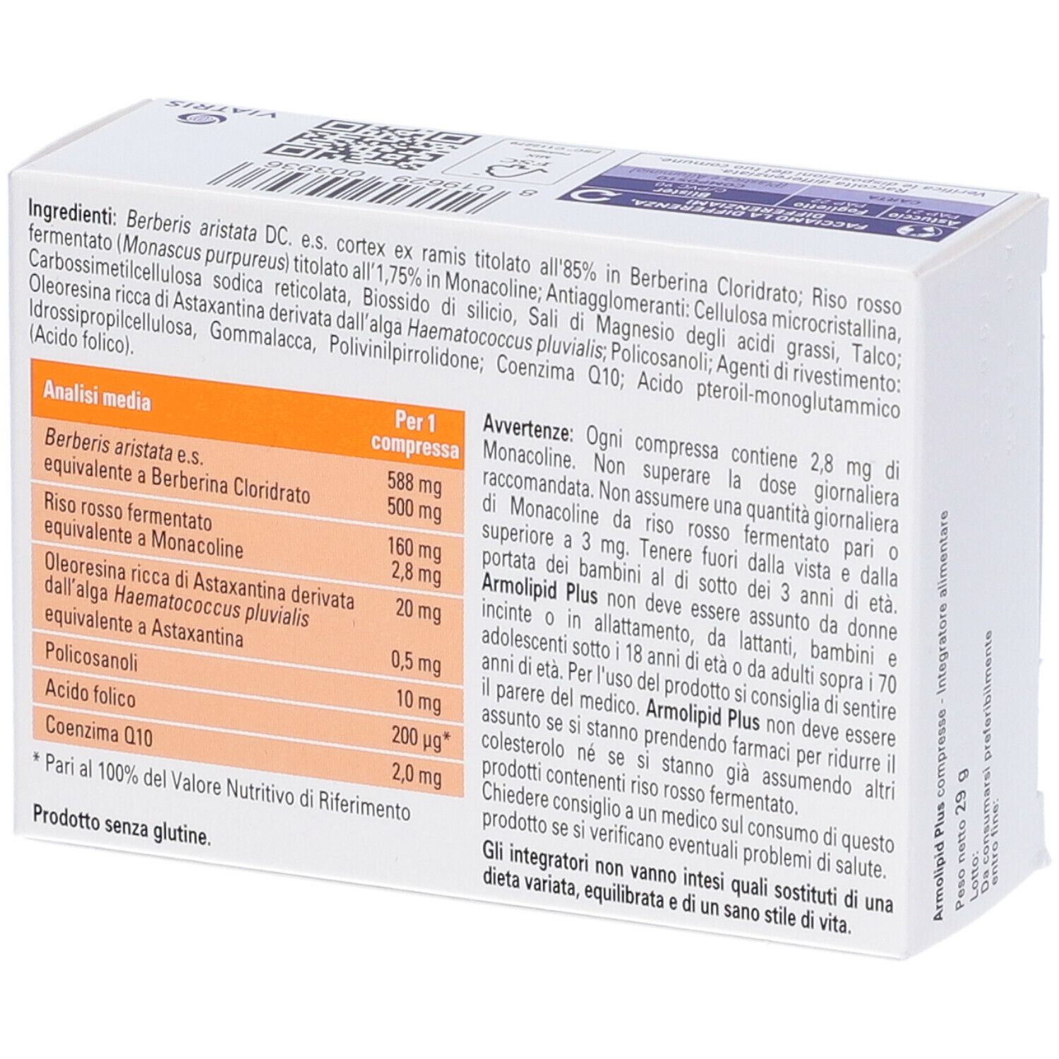 Rückseite der ArmoLIPID PLUS Tabletten-Schachtel. Inhaltsstoffe und Nährwertangaben.