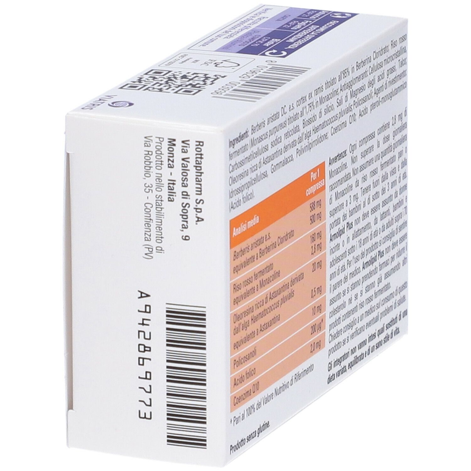 Rückseite der ArmoLIPID PLUS Tabletten-Schachtel. Inhaltsstoffe und Nährwertangaben.