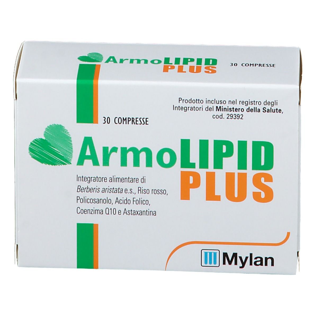 Schachtel mit ArmoLIPID PLUS Tabletten. Logo, Text und 30 Tabletten.