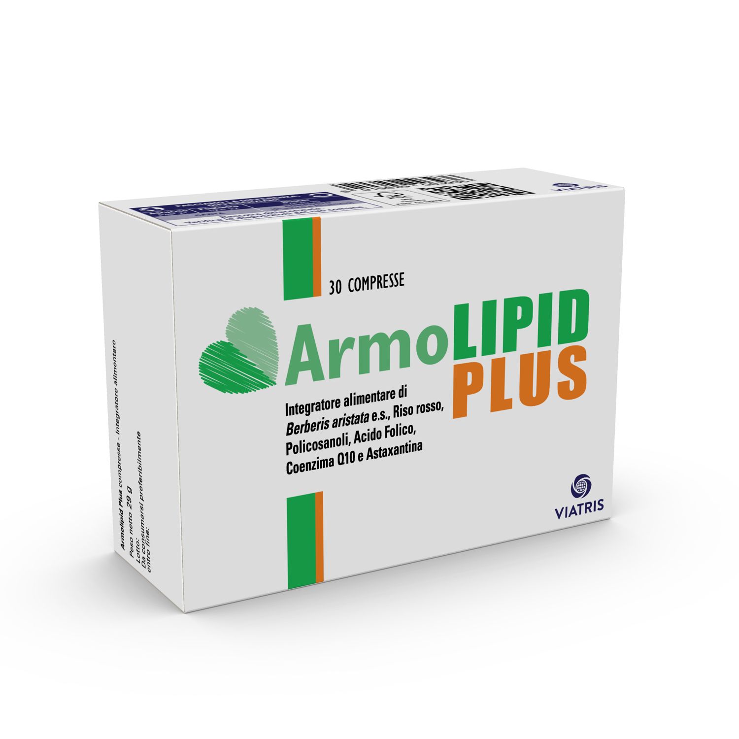 Schachtel mit ArmoLIPID PLUS Tabletten. Logo, Text und 30 Tabletten.