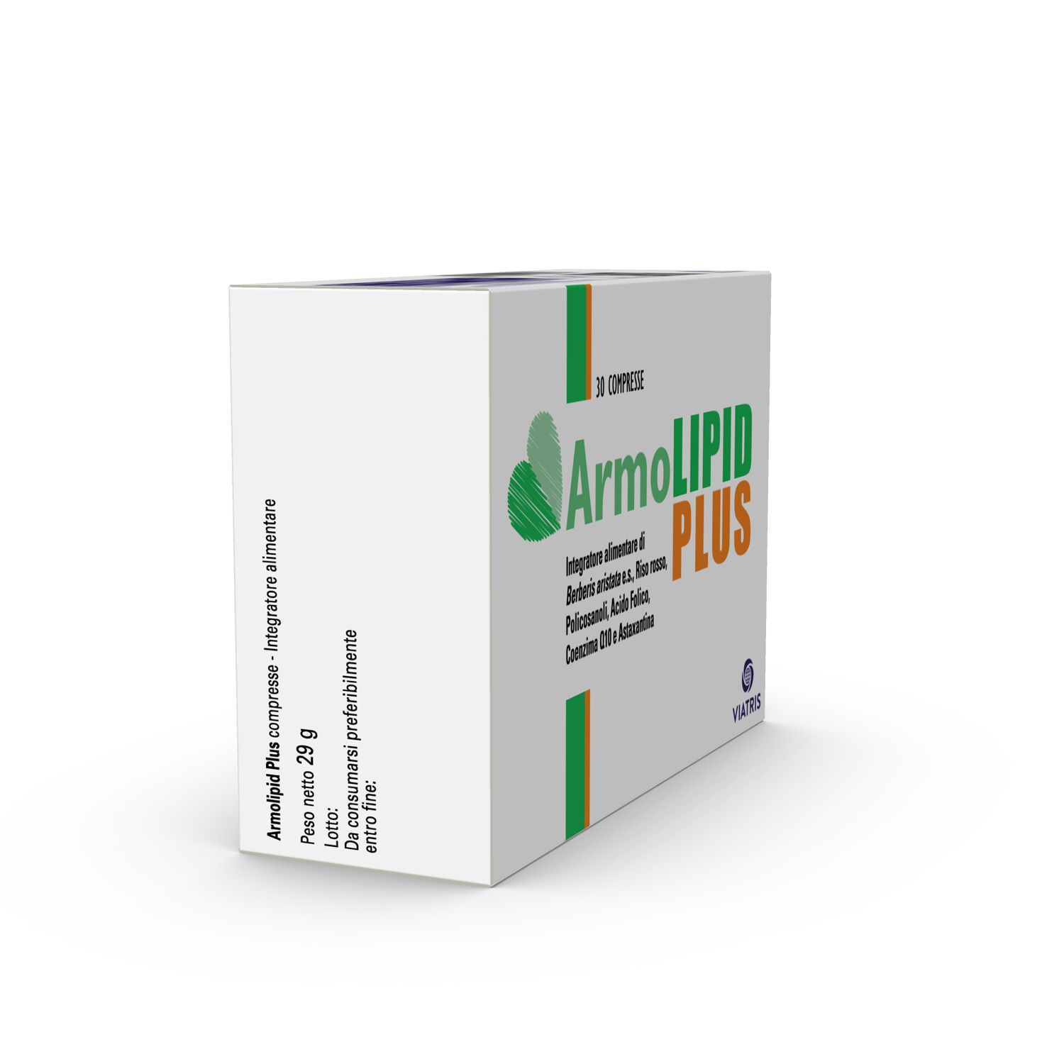 Schachtel mit ArmoLIPID PLUS Tabletten. Seitenansicht mit Text und Gewicht.