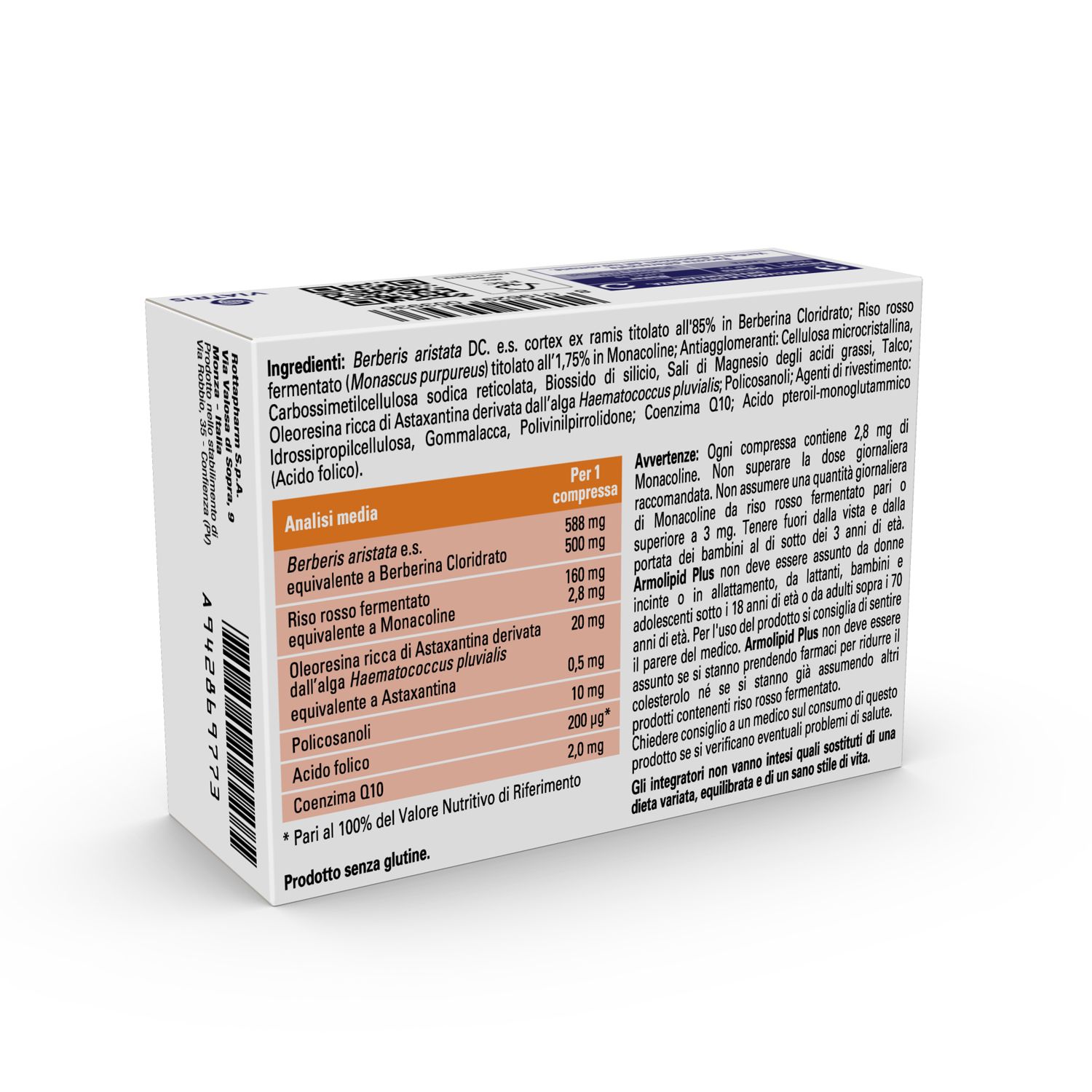 Rückseite der ArmoLIPID PLUS Tabletten-Schachtel. Inhaltsstoffe und Nährwertangaben.