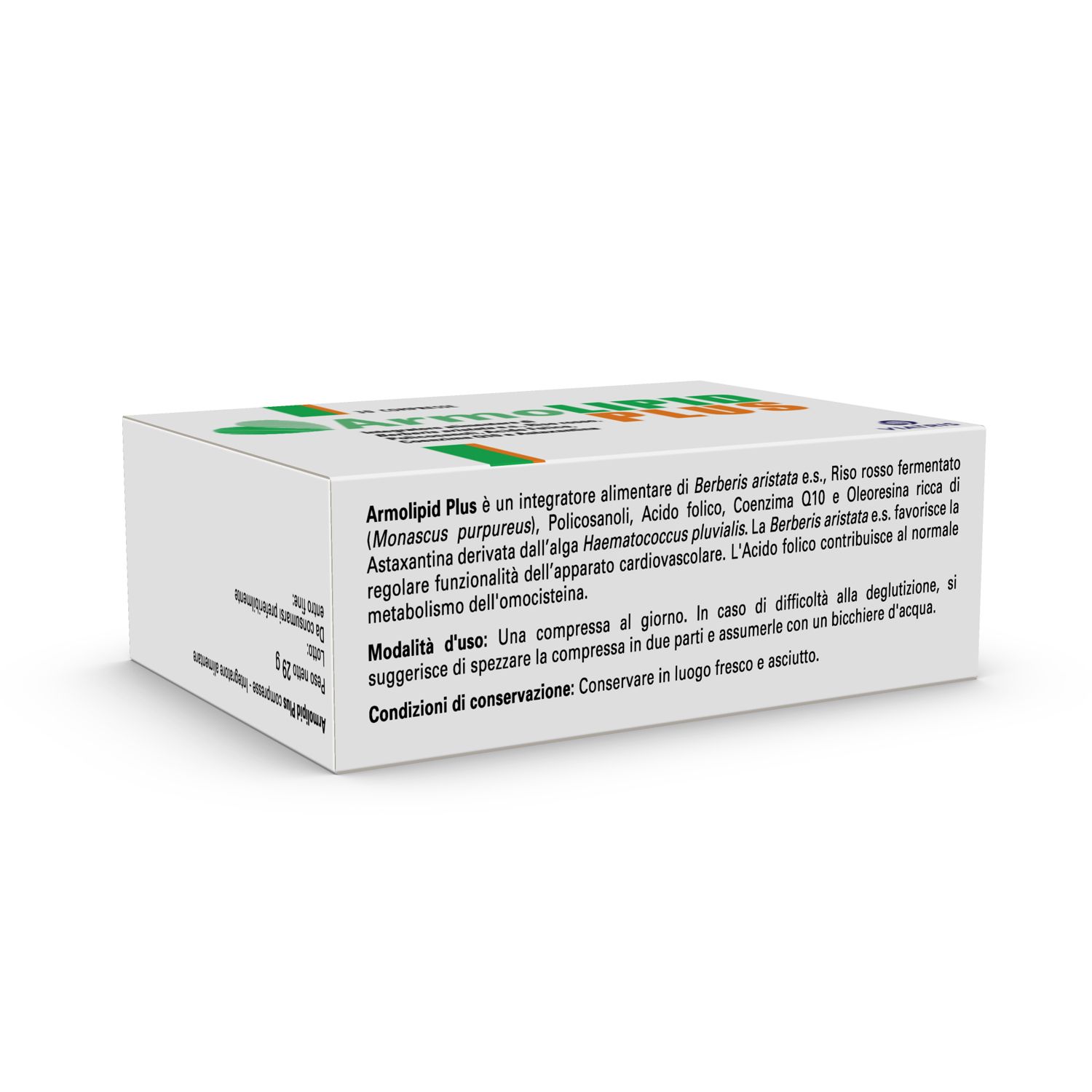 Schachtel mit ArmoLIPID PLUS Tabletten. Text über Inhaltsstoffe und Anwendung.
