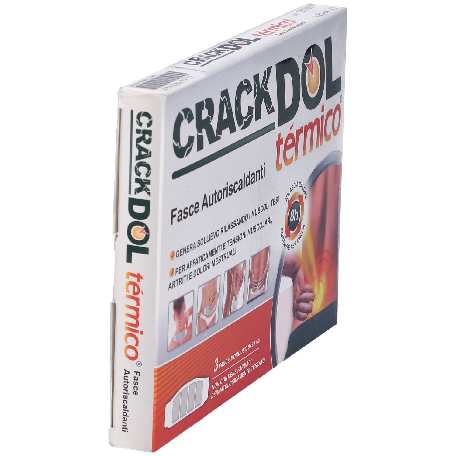 Vista obliqua della confezione Crackdol Termico. Scritte: 'Crackdol Termico', 'Fasce Autoriscaldanti' e '8h'.