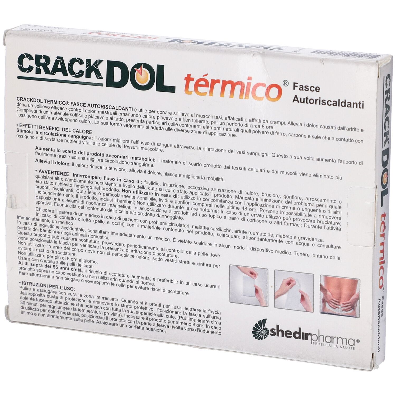 Retro della confezione Crackdol Termico. Testo in italiano. Logo Shedir Pharma.