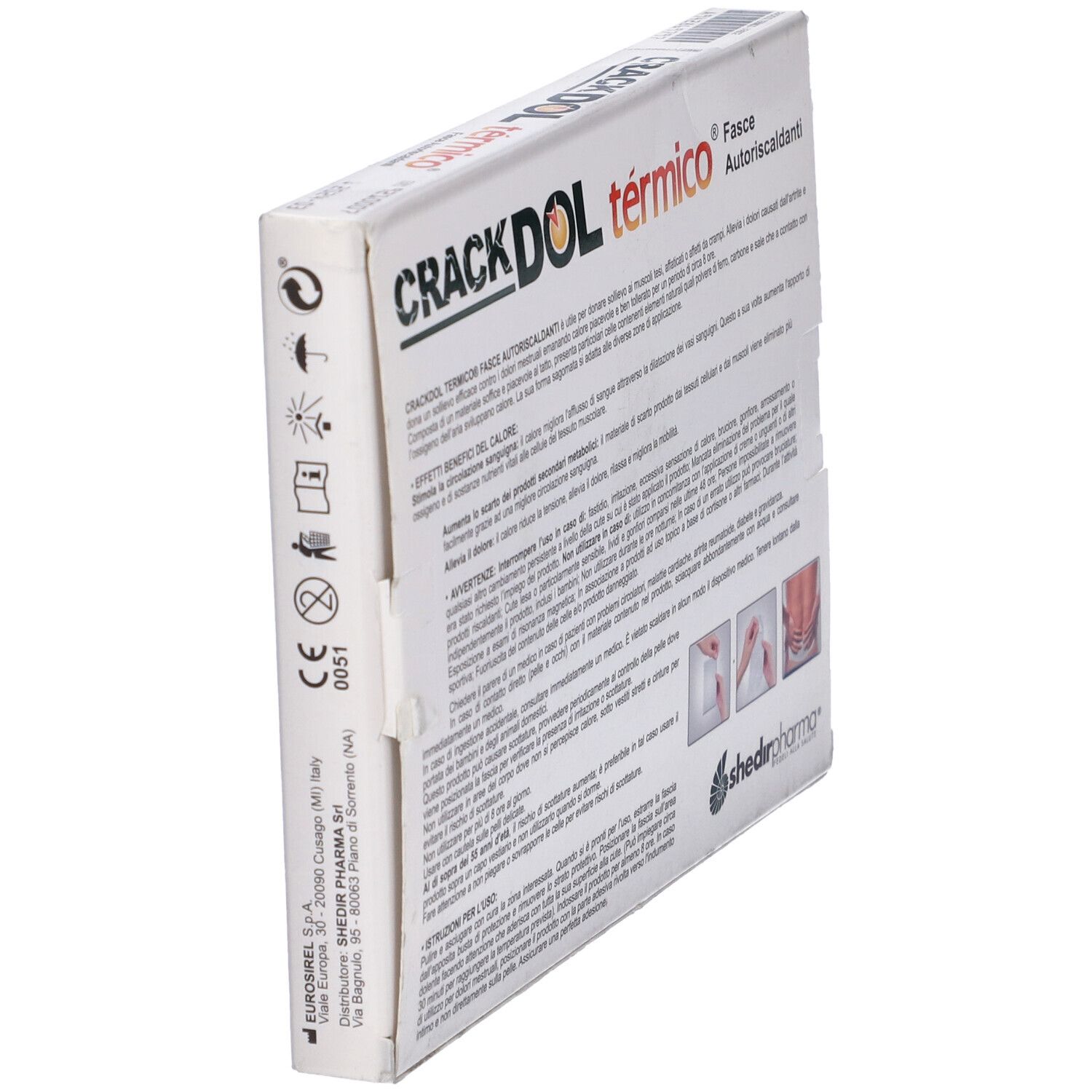 Vista obliqua della confezione Crackdol Termico. Testo in italiano. Logo Shedir Pharma.
