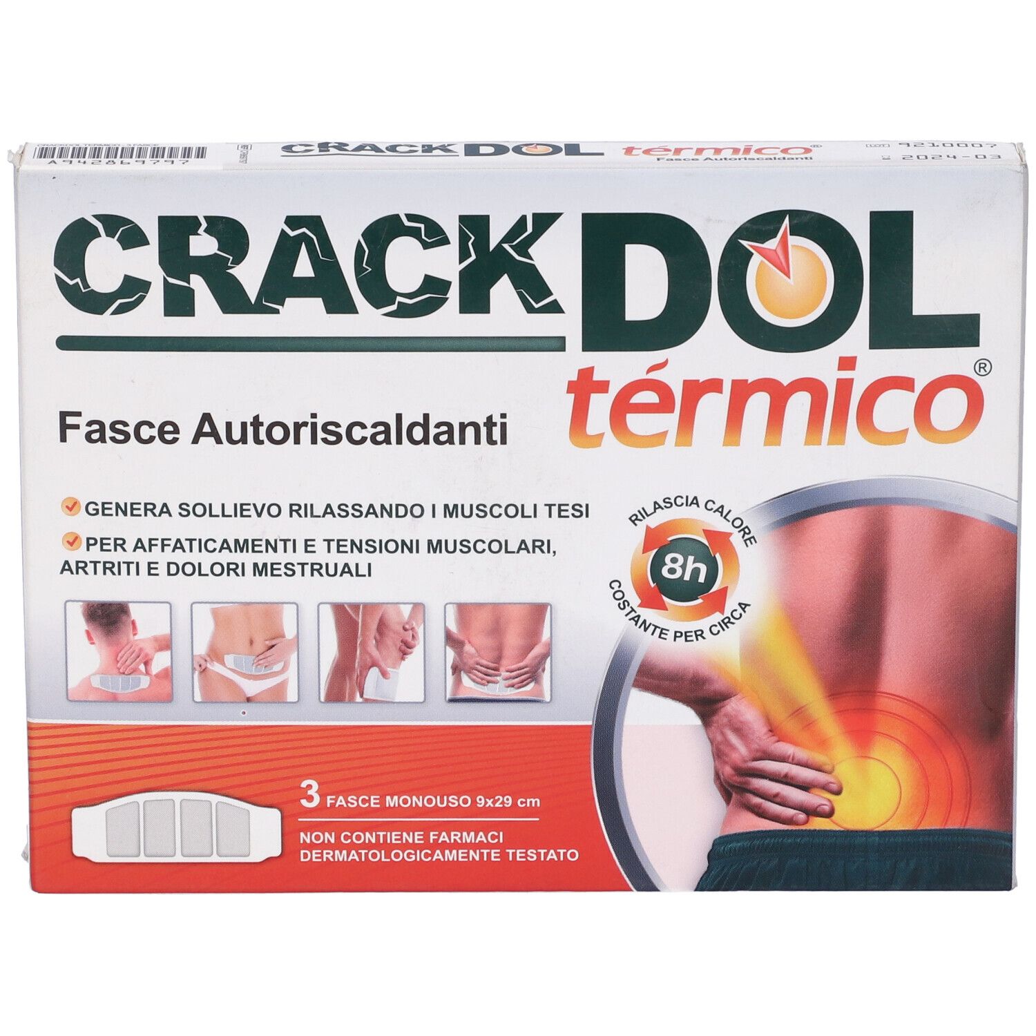 Confezione Crackdol Termico. Contiene 3 fasce autoriscaldanti. Scritte: 'Fasce Autoriscaldanti', '8h' e illustrazioni.