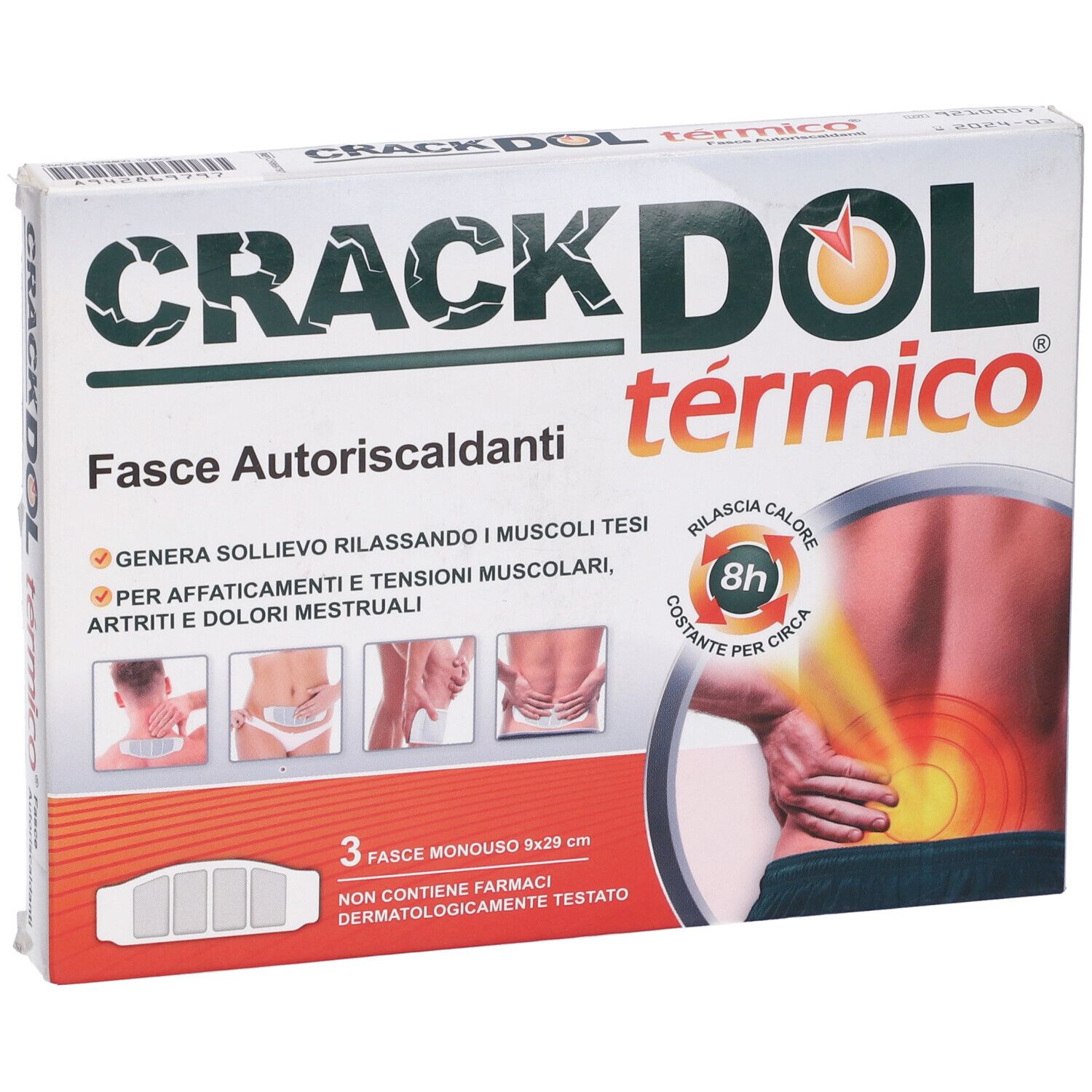 Confezione Crackdol Termico. Contiene 3 fasce autoriscaldanti. Scritte: 'Fasce Autoriscaldanti', '8h' e illustrazioni.