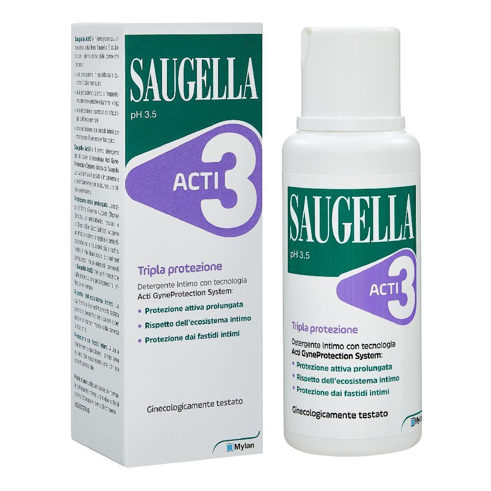 Flacone bianco con etichetta verde e viola. Scritta Saugella Acti3. Accanto, una scatola con un design simile.