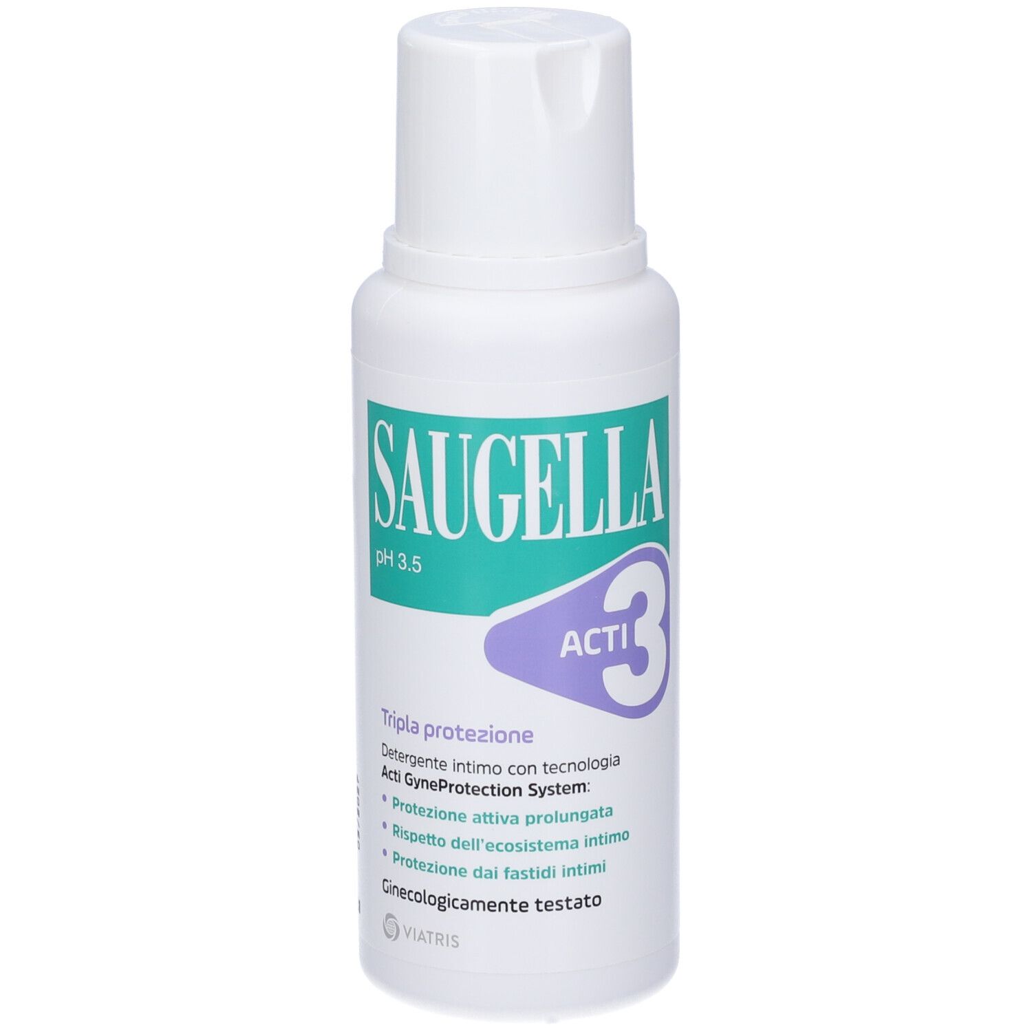 Flacone bianco con etichetta verde e viola. Scritta Saugella Acti3. pH 3.5. Tripla protezione.