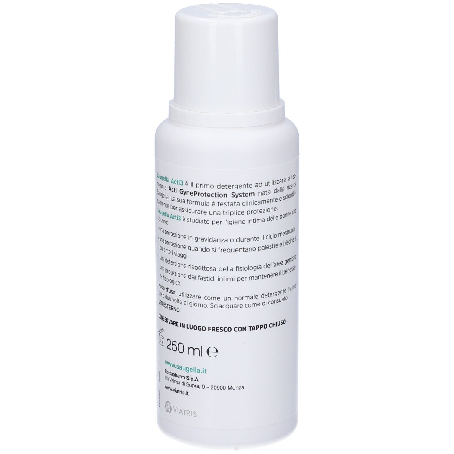 Flacone bianco con etichetta verde e viola. Scritta Saugella Acti3. pH 3.5. Retro con testo.
