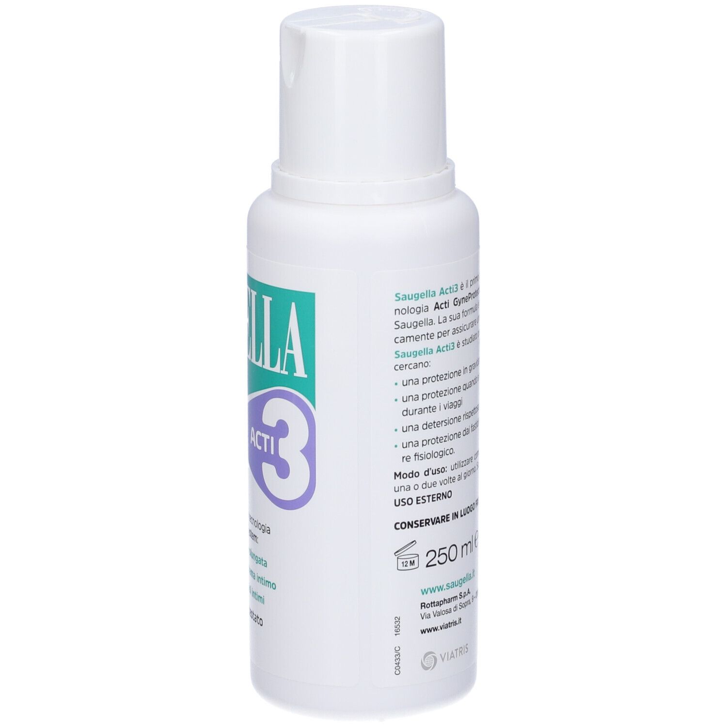 Flacone bianco con etichetta verde e viola. Scritta Saugella Acti3. pH 3.5. Retro con testo.