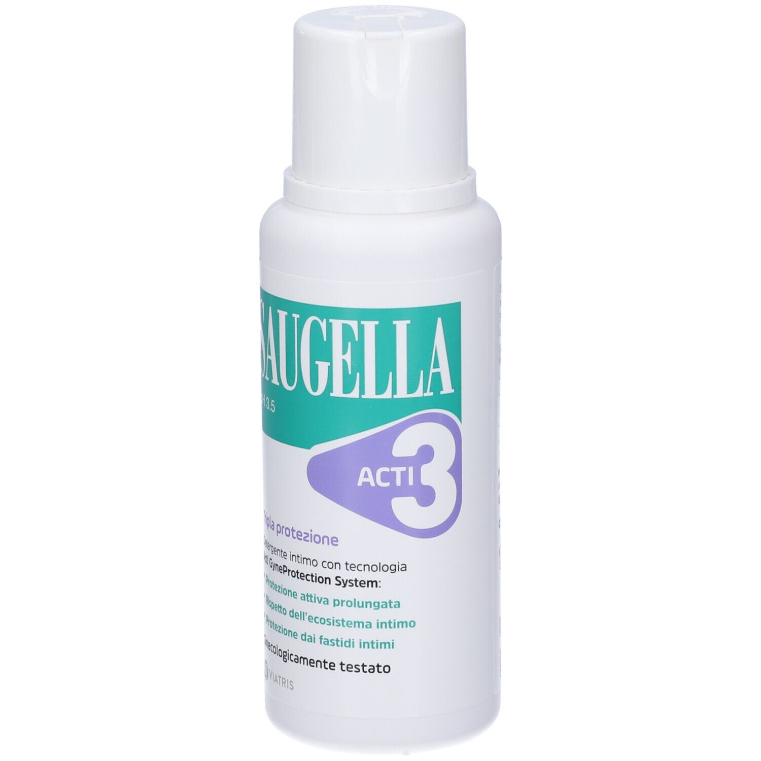 Flacone bianco con etichetta verde e viola. Scritta Saugella Acti3. pH 3.5. Retro con testo.