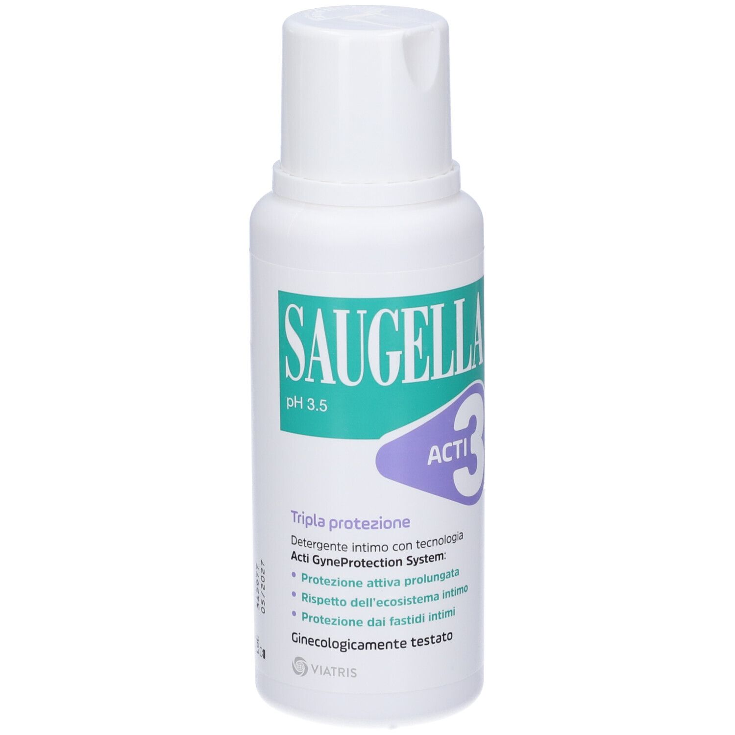 Flacone bianco con etichetta verde e viola. Scritta Saugella Acti3. pH 3.5. Tripla protezione.
