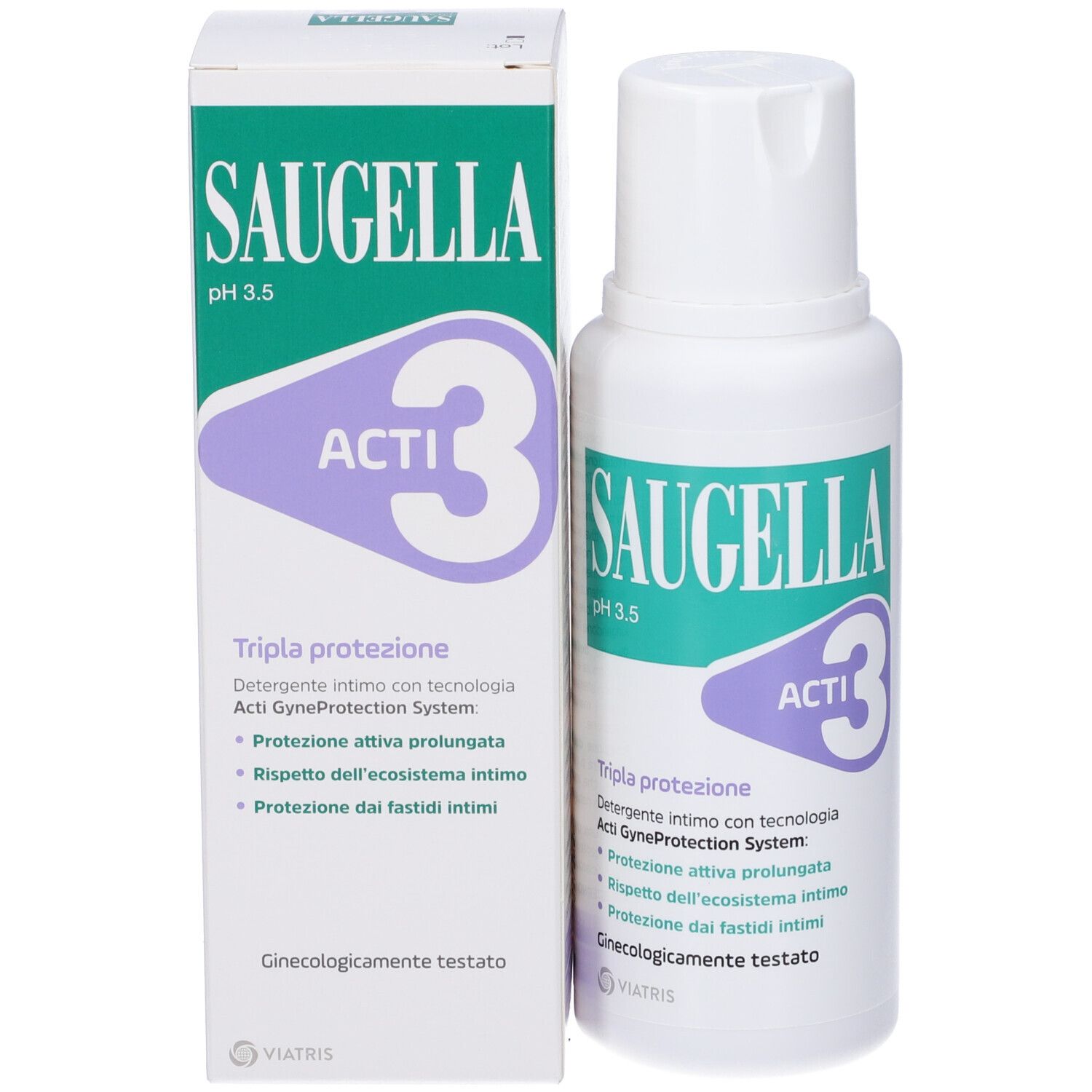 Flacone bianco con etichetta verde e viola. Scritta Saugella Acti3. pH 3.5. Accanto, una scatola.