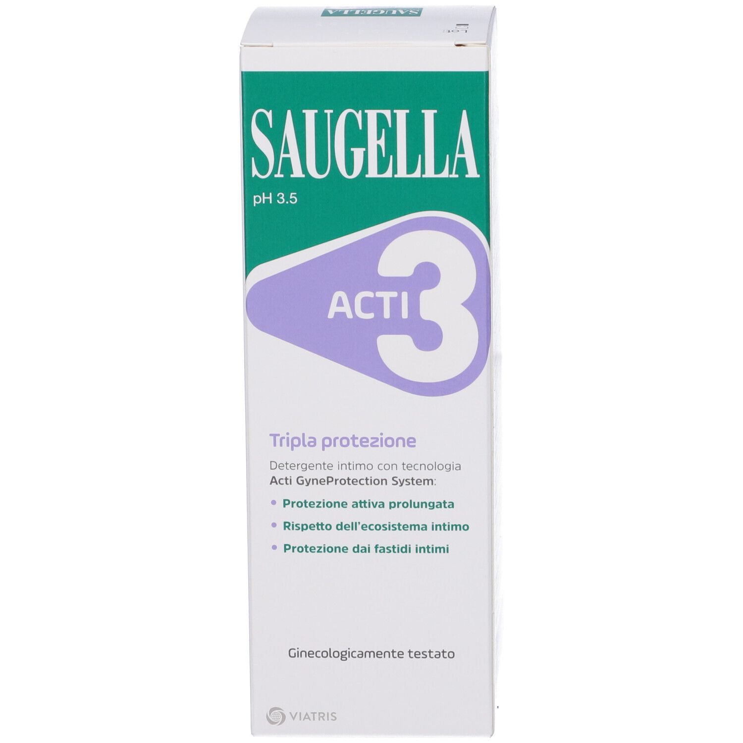 Scatola con design verde e viola. Scritta Saugella pH 3.5 Acti3. Tripla protezione. Ginecologicamente testato.
