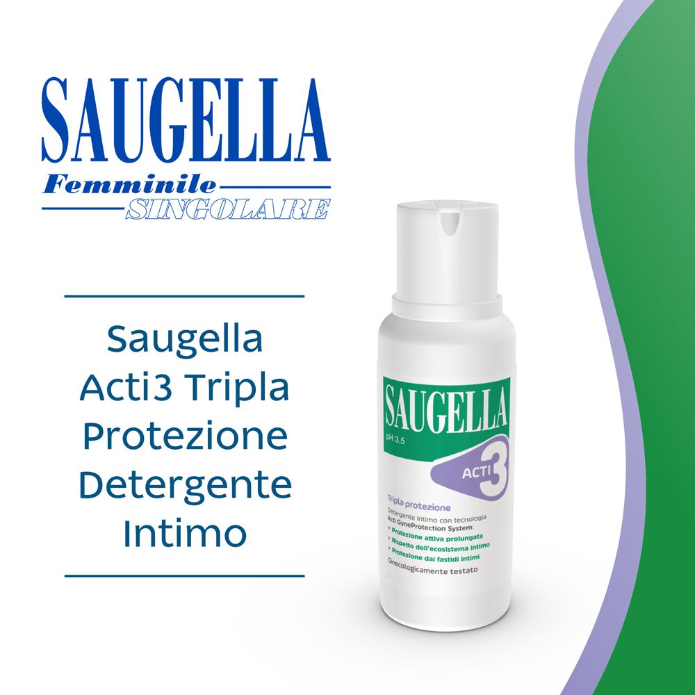 Saugella Acti3 Flasche und Logo. Text: Saugella, Feminine, Singolare. Saugella Acti3 Tripla Protezione Detergente Intimo.