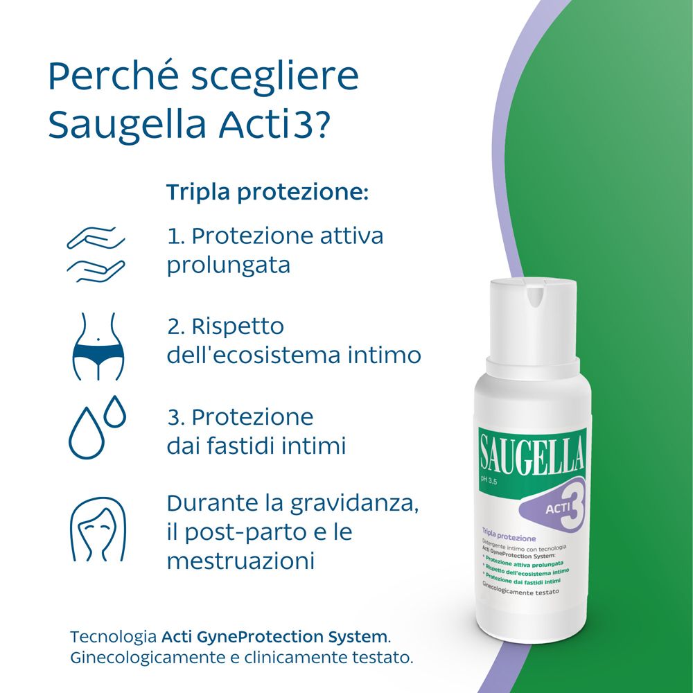 Saugella Acti3 Flasche. Text: Warum Saugella Acti3 wählen? Dreifachschutz. Während der Schwangerschaft, nach der Geburt und Menstruation.