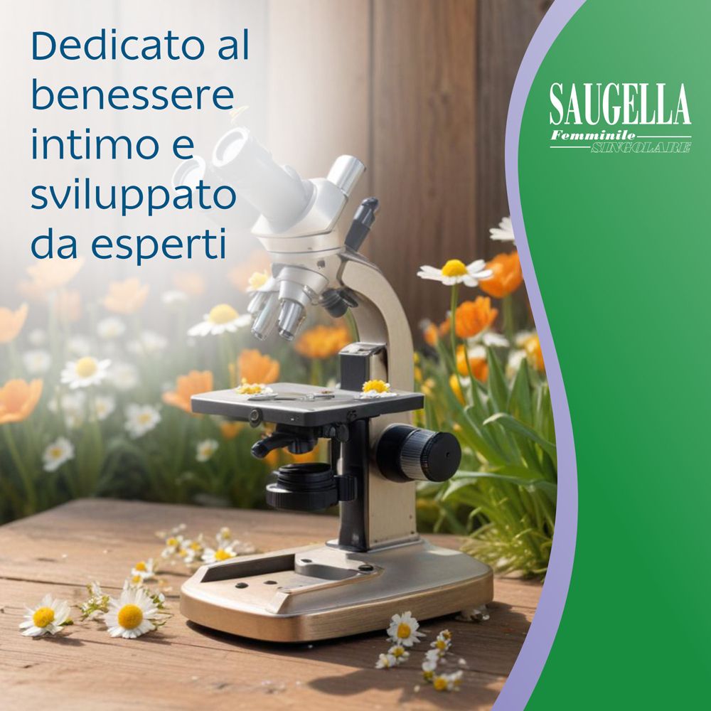 Mikroskop auf Holz. Text: Dem intimen Wohlbefinden gewidmet und von Experten entwickelt. Saugella Feminine Logo.