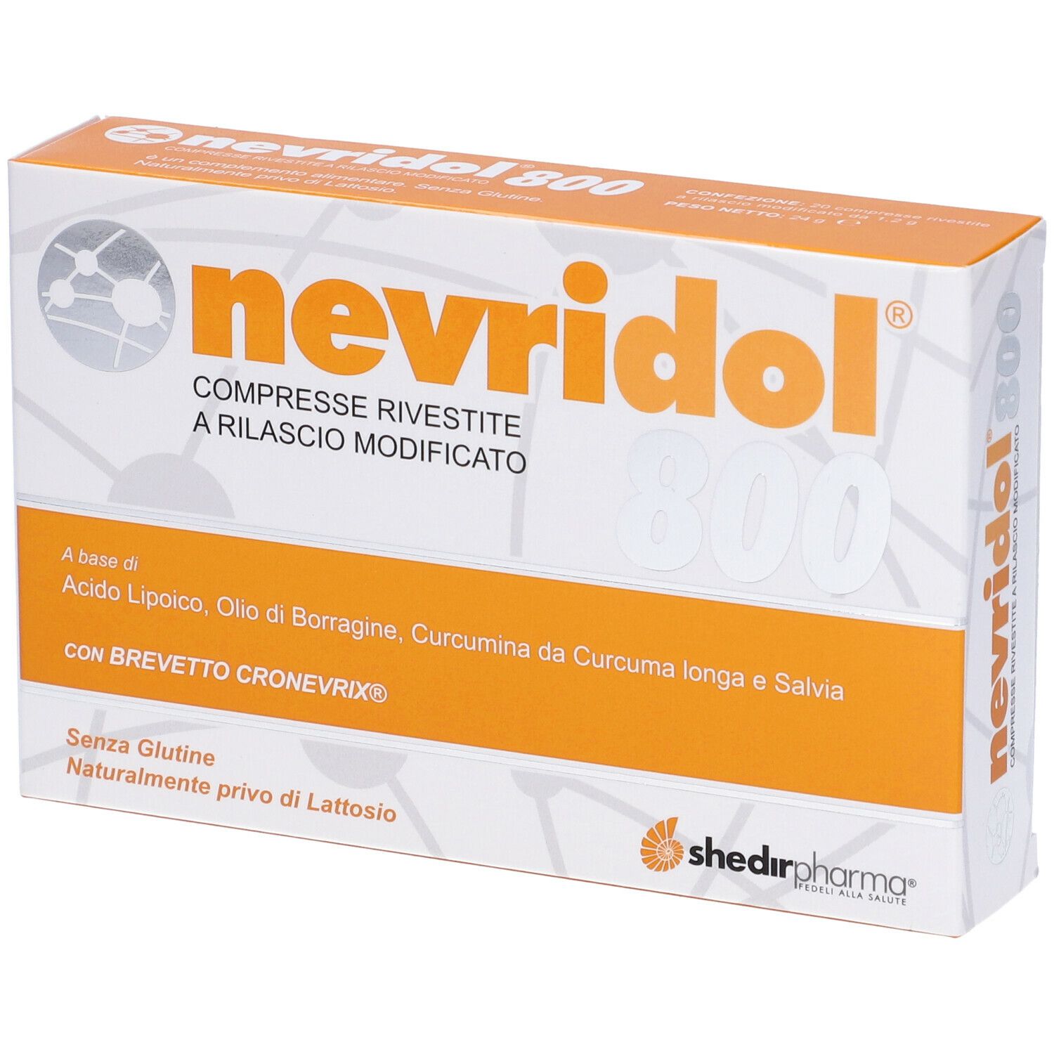 Confezione di Nevridol 800. Scatola bianca con dettagli arancioni. Nome del prodotto e ingredienti visibili.