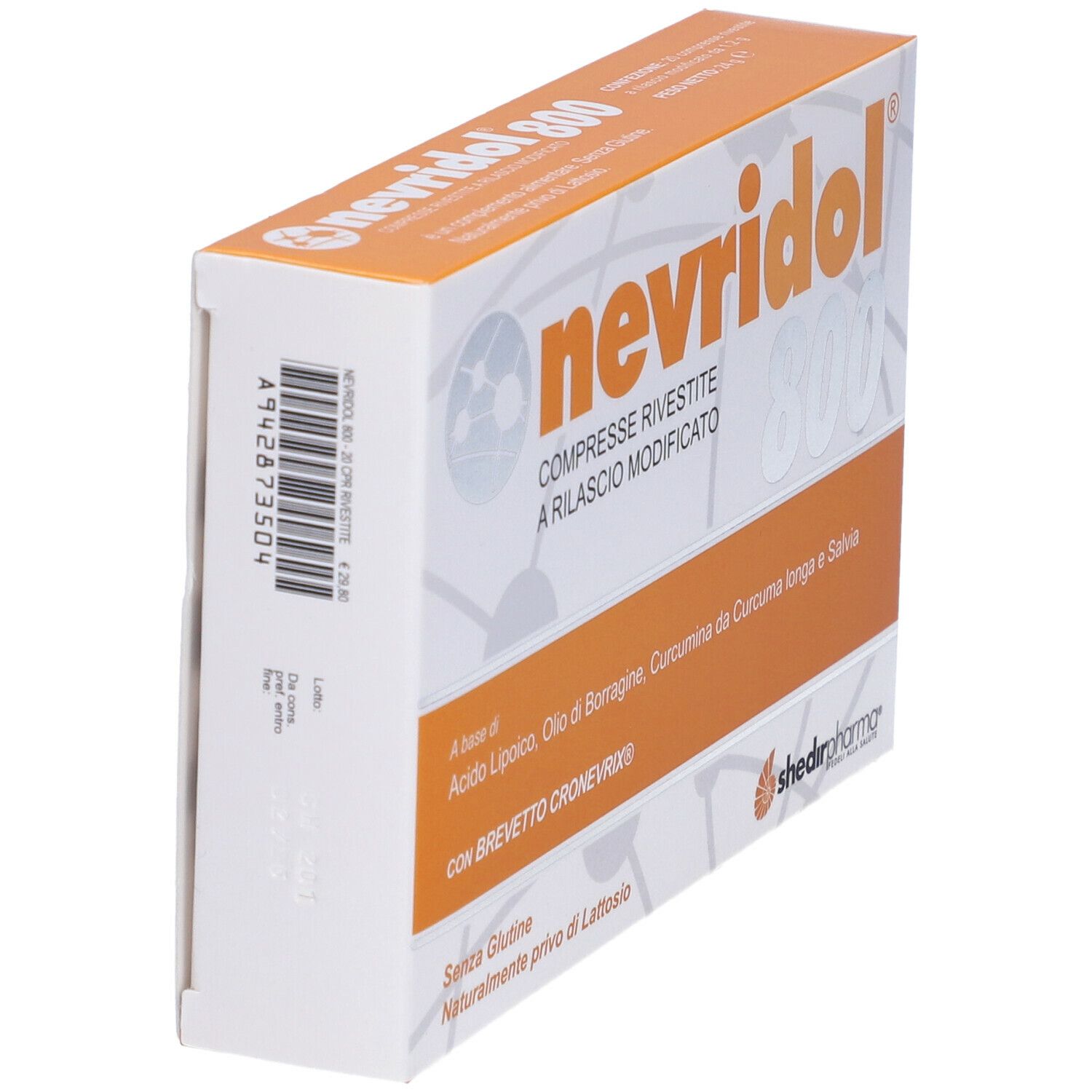 Vista laterale della confezione di Nevridol 800. Scatola bianca con codice a barre e informazioni.