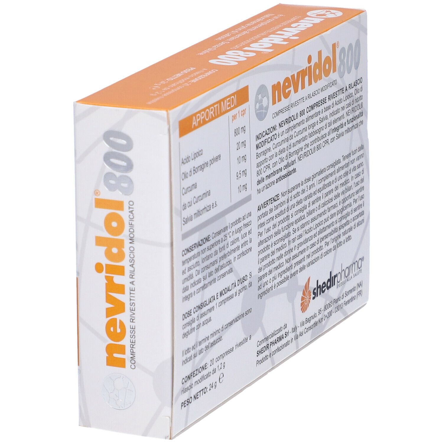 Vista prospettica della confezione di Nevridol 800. Scatola bianca con informazioni sul prodotto.