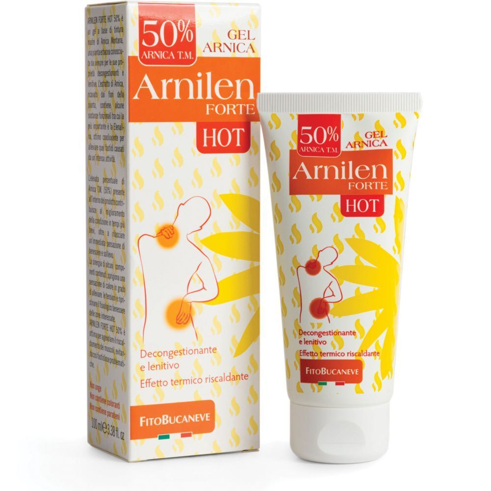 Tubo e scatola con stampa del prodotto. Testo: Arnilen Forte Hot, 50% Arnica T.M. Gel. Illustrazione di una persona.