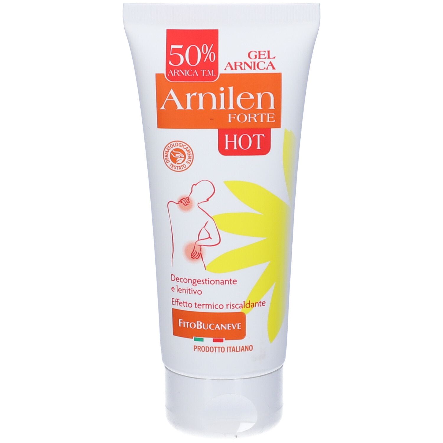 Tubo con stampa del prodotto. Testo: Arnilen Forte Hot, 50% Arnica T.M. Gel. Illustrazione di una persona. Tappo bianco.