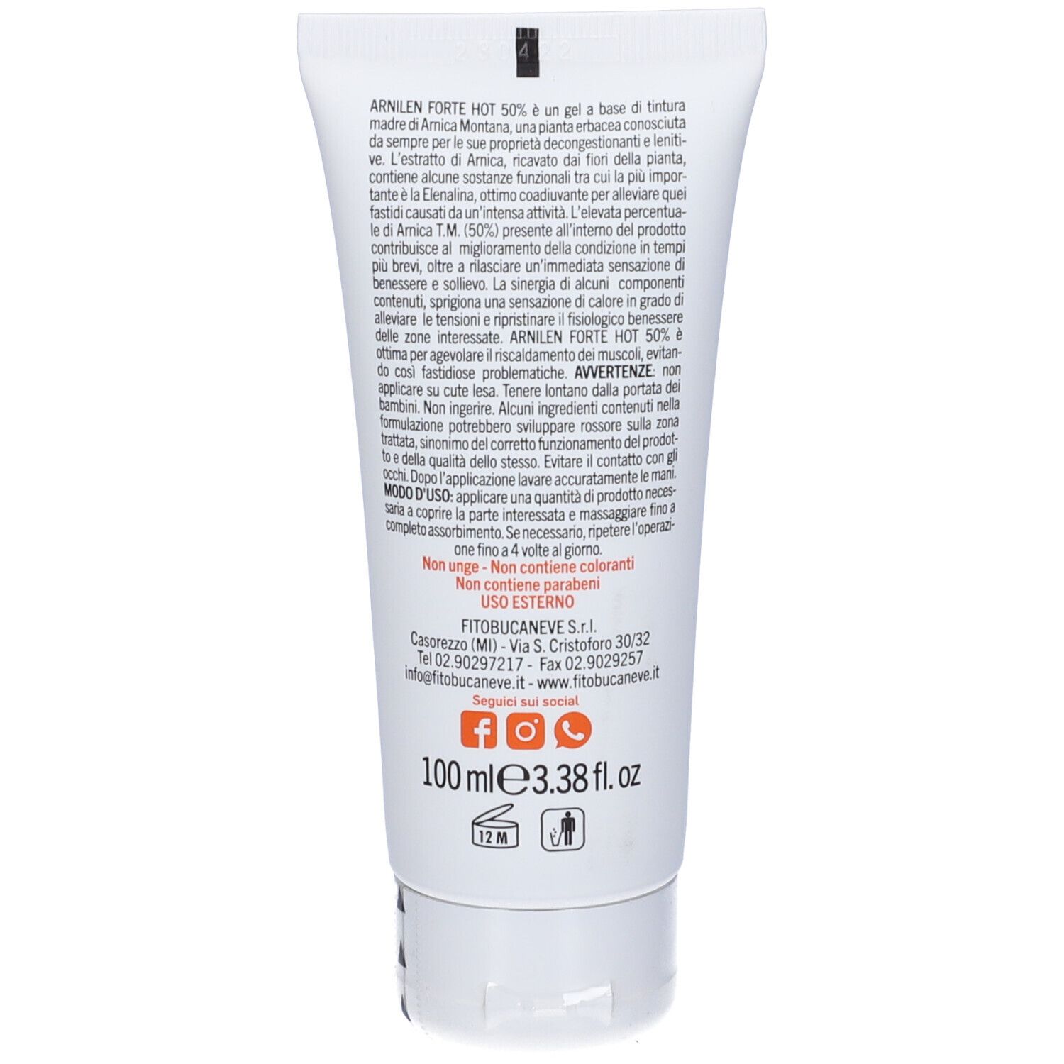 Retro del tubo. Testo: Arnilen Forte Hot, 100 ml, ingredienti. Avvertenze. Informazioni del produttore.