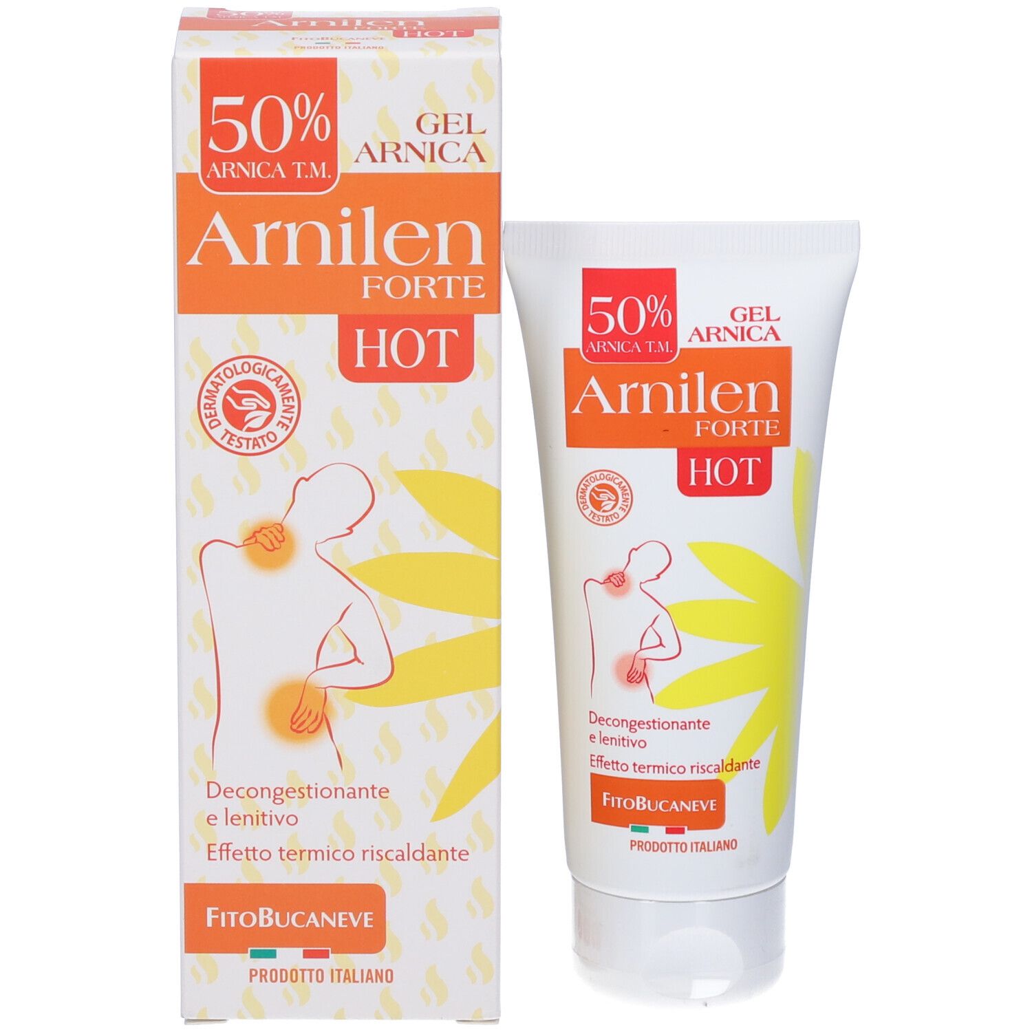 Tubo e scatola con stampa del prodotto. Testo: Arnilen Forte Hot, 50% Arnica T.M. Gel. Illustrazione di una persona.