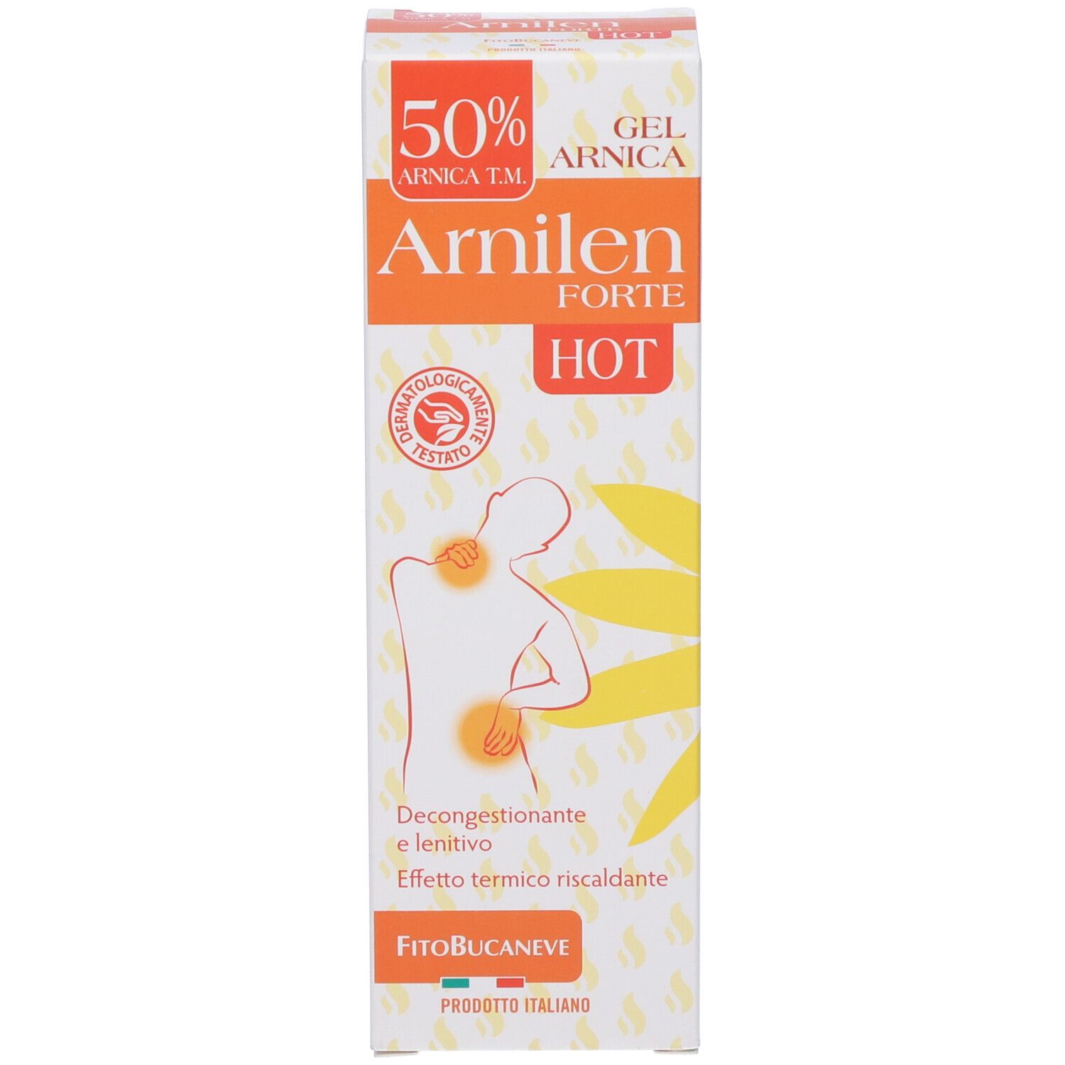 Scatola con stampa del prodotto. Testo: Arnilen Forte Hot, 50% Arnica T.M. Gel. Illustrazione di una persona.
