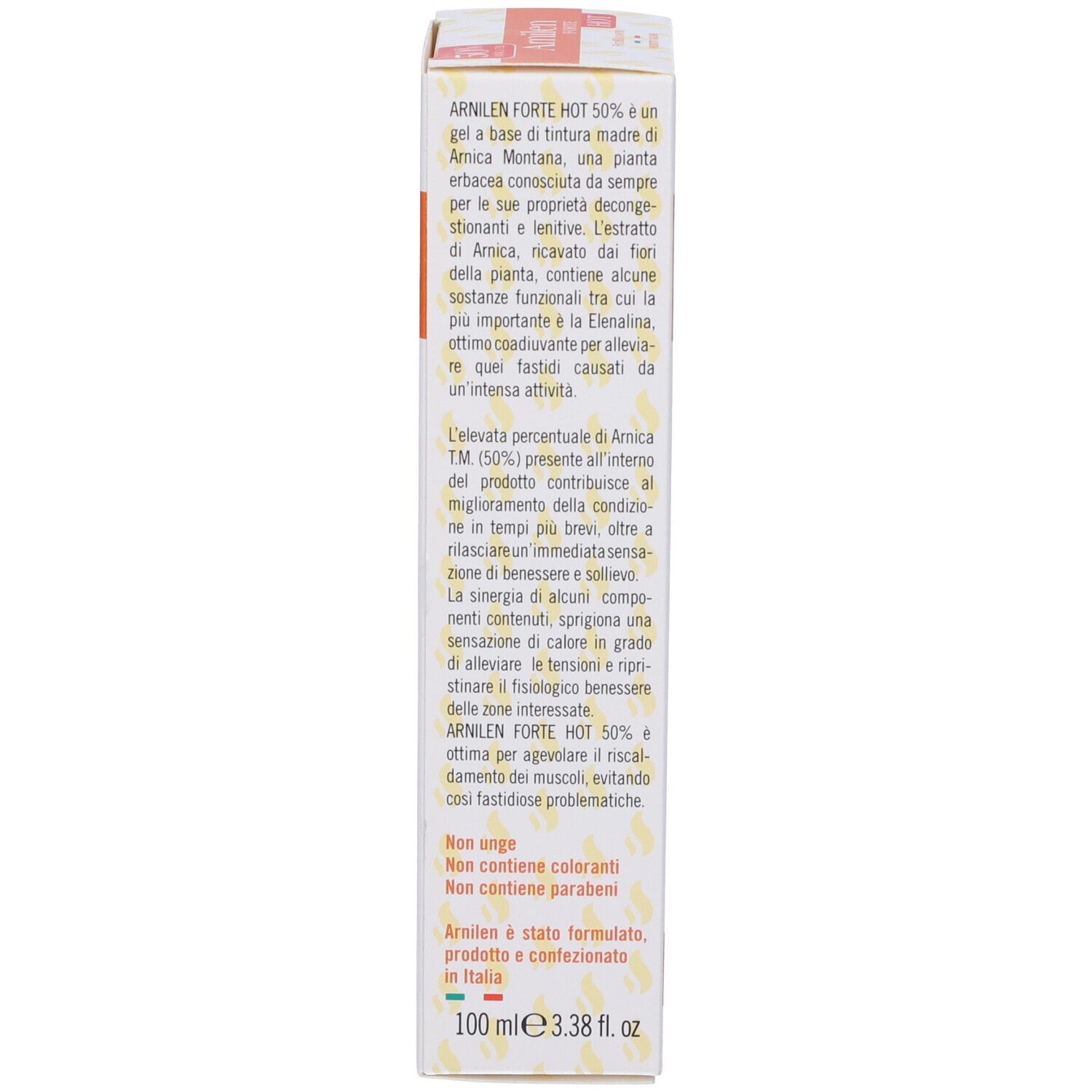 Lato della scatola. Testo: Arnilen Forte Hot, ingredienti, avvertenze. Informazioni del produttore. 100 ml.