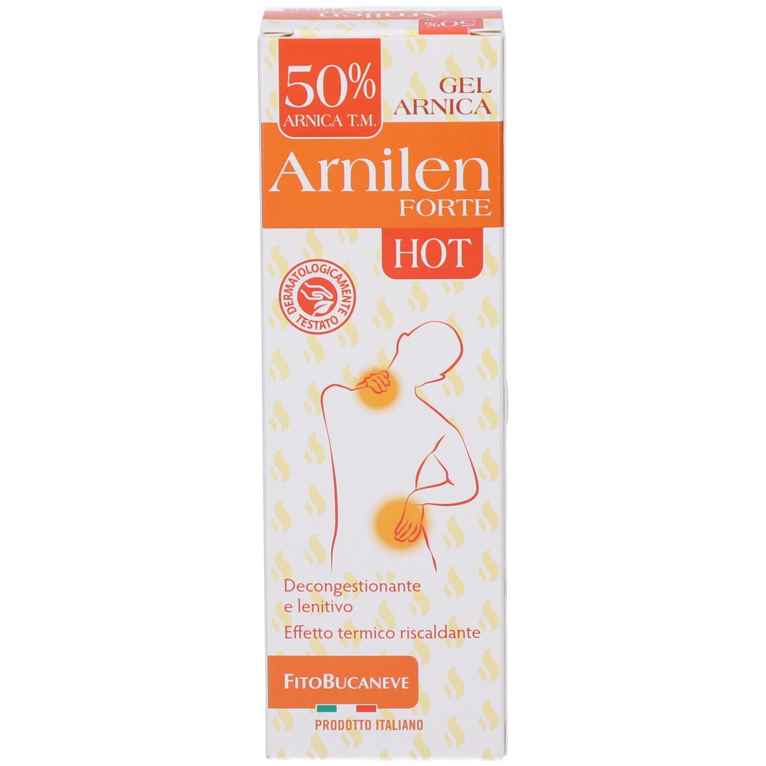 Tubo e scatola con stampa del prodotto. Testo: Arnilen Forte Hot, 50% Arnica T.M. Gel. Illustrazione di una persona.