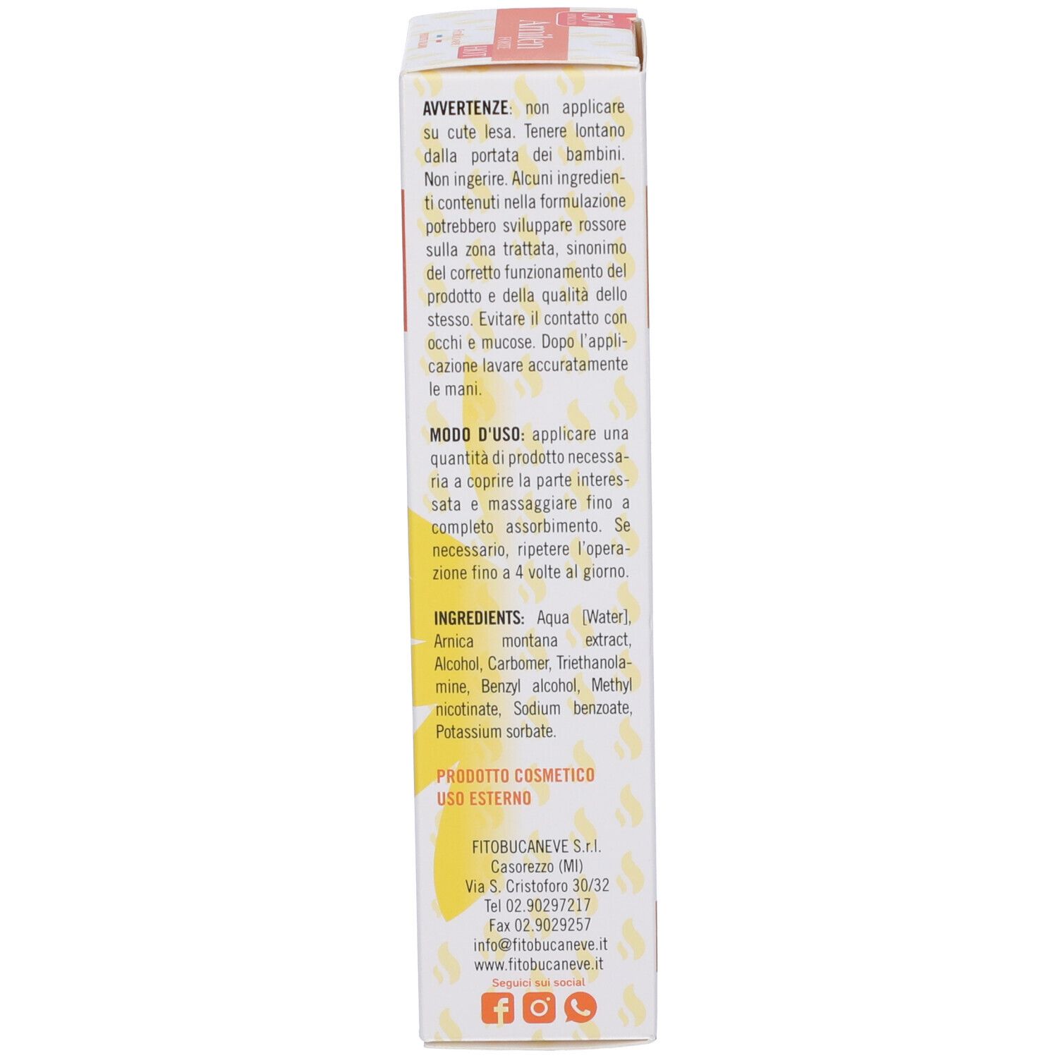 Lato della scatola. Testo: Arnilen Forte Hot, avvertenze, ingredienti. Informazioni del produttore. 100 ml.