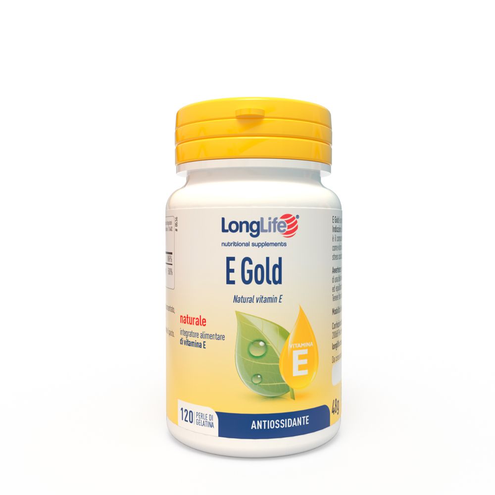 Flacone bianco, tappo giallo. Scritta: LongLife E Gold, vitamina E naturale. 120 perle.